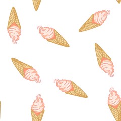 Pink ice cream in waffle cone seamless pattern. Cute cartoon style hand drawn background texture tile