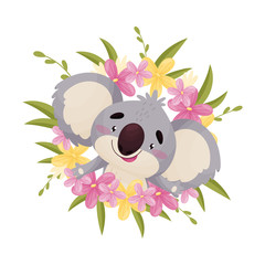 Cartoon cute koala looks out from the center of the wreath. Vector illustration on white background. © Happypictures