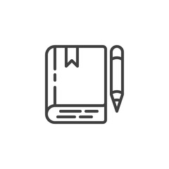 Book and pencil line icon. linear style sign for mobile concept and web design. Book with bookmark and pen outline vector icon. Education symbol, logo illustration. Vector graphics