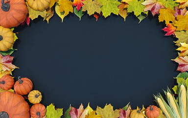 Naklejka na ściany i meble Empty horizontal blackboard poster with frame made of leaves, pumpkins and corn, concept of fall autumn sale or back to school, 3d rendering, 3d illustration