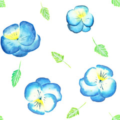 Blue and yellow watercolor pansies seamless pattern on white background. Endless romantic floral wallpaper. Wedding template of beautiful pansy. Illustration of Violet flowers, leaves and petals.
