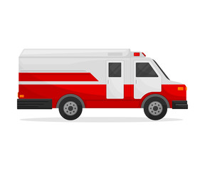 Medical white van with flashing lights. Vector illustration on white background.