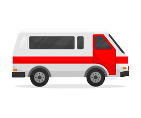 Medical white minibus with a red stripe. Vector illustration on white background.