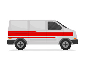 Medical white minibus with three red stripes. Vector illustration on white background.