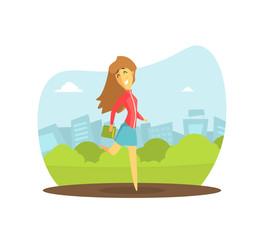 Smiling Girl with Book Walking on City Street Vector Illustration