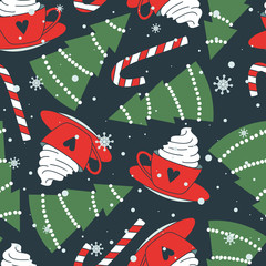 Colorful background with cups, fir trees, candy canes, snow. Decorative cute backdrop vector. Happy New Year, seamless pattern. Winter time