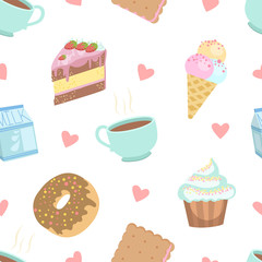 Cute Desserts Seamless Pattern, Cake, Cupcake, Donut, Cookie, Ice Cream, Cup of Coffee Design Element Can Be Used for Textile, Wallpaper, Packaging, Background Vector Illustration