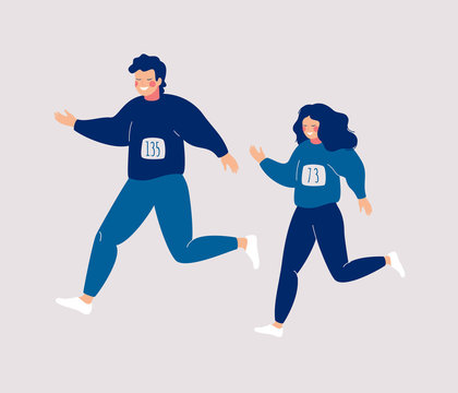 Cartoon Young People Running Or Jogging For Fitness In Sportswear. Charity Race Runs And Fitness Walks. Vector Illustration