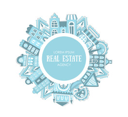 Real Estate Agency Banner Template with Cute Hand Drawn City Street Buildings Vector Illustration