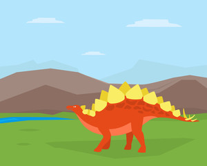 Dinosaur on Beautiful Mountain Landscape, Spinosaurus Prehistoric Animal on Nature Vector Illustration