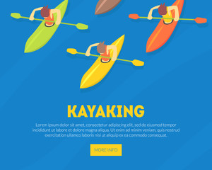 Kayaking Water Sport Landing Page Template, Athletes Paddling Kayaks, Extreme Sport Vector Illustration