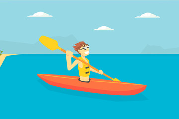 Man Paddling Kayak, Male Tourist Spending Active Vacation on Seaside, Kayaking Water Sport Vector Illustration
