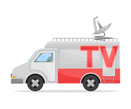 Gray tv van with red stripe. Vector illustration on white background.