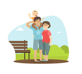 Cheerful Parents and Their Toddler Baby Walking in Park Outdoor, Boy Sitting on Shoulders of His Father, Happy Family Vector Illustration