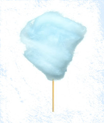 Sweet cotton candy of bilberry taste isolated on blue and white background. Vector confectionery, fluffy sugar summer dessert on stick, tasty food snack