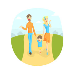 Obraz na płótnie Canvas Cheerful Parents and Their Toddler Baby Walking in Park Outdoor, Mother, Father and Son Holding Hands, Happy Family Vector Illustration