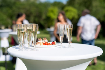 Welcome drink, view of glasses filled with champagne on a table in a garden - selective focus