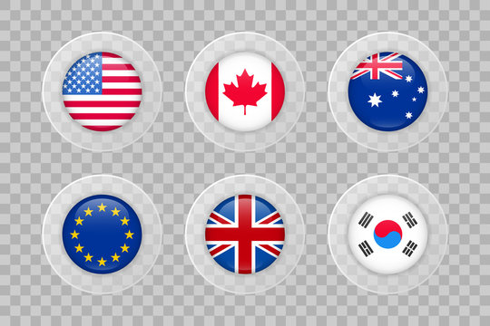 USA, Canada, Australia, European Union, United Kingdom, South Korea Flag On Transparent Background. Isolated Vector Icon Set For Web, Design, Decoration, Business, Travel, Infographic Elements