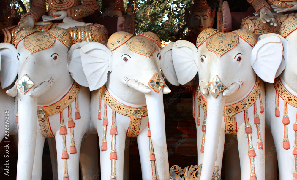 Sticker old statues of elephants, maha bodhi ta htaung monastery, myanmar