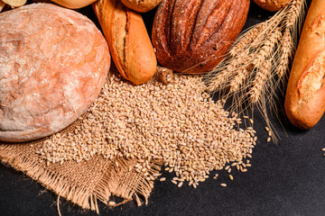 Fresh fragrant bread with grains and cones of wheat against a dark background. Assortment of baked bread on wooden table background. Fresh fragrant bread on the table. Food concept. 