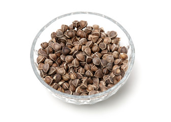 Organic Wingless Moringa (Moringa oleifera) seeds on white background