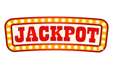Retro banner with inscription vector, jackpot in casino flat style. Poster with shiny frame made up of bulbs. Playing games on money, gambling set