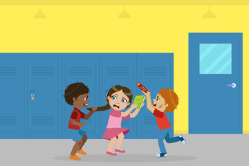 Boy and Girl Fighting for Ball, Bad Behavior, Conflict Between Kids, Mockery, Bullying at School Vector Illustration