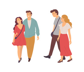 Obraz premium Man and woman in love vector, people walking holding hands, boyfriend and girlfriend showing emotions, happy couples set, isolated male and female