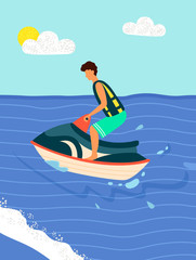 Water bike summer sport recreations. Vector beach activities, man surfer on board of aqua motorcycle, sea or ocean water splashes and sun in blue sky. Summertime activity