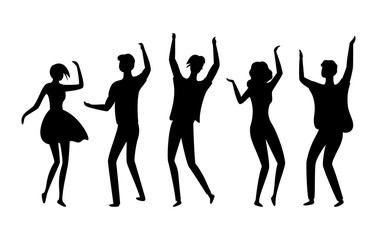 Clubbers vector, silhouette of isolated people having fun in clubs, dancers flat style man and woman moving bodies and raising hands up partying youth