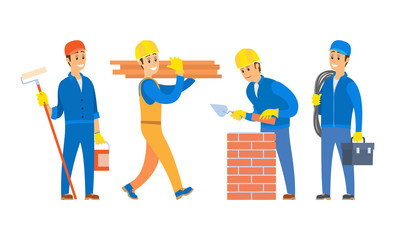 People working on construction vector, set of characters isolated male wearing uniform and helmets, man building wall standing with roller paint bucket