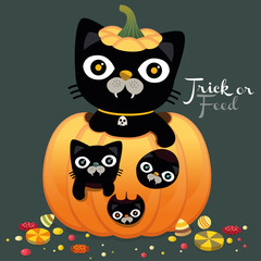 Happy Halloween party with cute black cats card, Trick or treat, trick or feed, character Vector, illustration. Place for your text