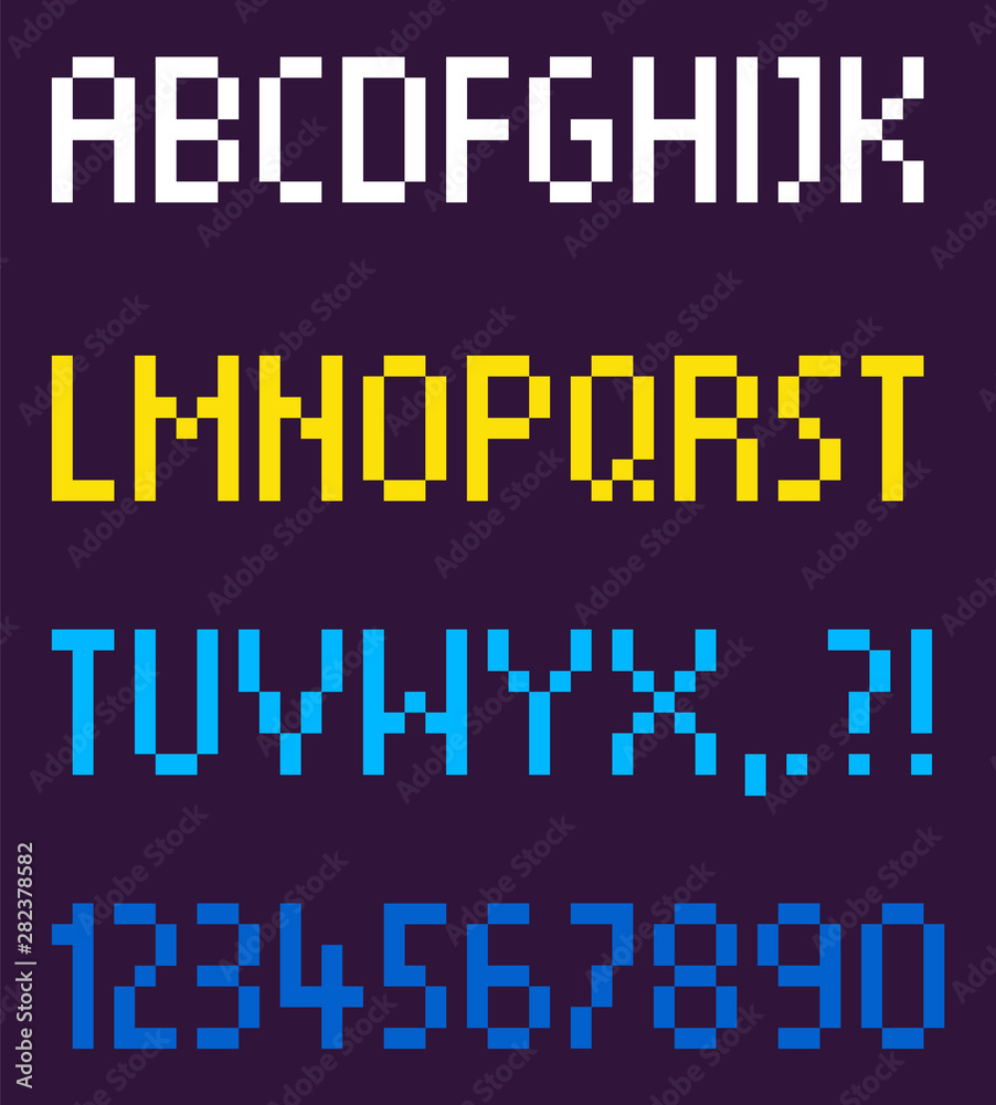 Fototapete pixel art vector, isolated numbers and letters alphabetical order abs, pixelated video game text, ti