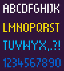 Pixel art vector, isolated numbers and letters alphabetical order abs, pixelated video game text, title of yellow and blue color mosaic representation retro graphics