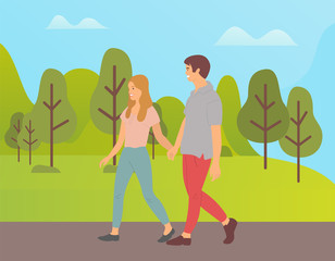 Teenagers holding hands, cartoon people walking together in green summer park. Vector boy and girl side view, male and female characters in flat style