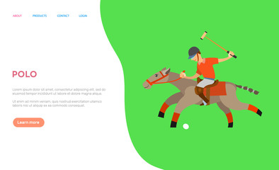 Polo player vector, man on horseback holding stick, hitting ball on speed. Accuracy and precision of playing man, equine sports, stallion. Website or webpage template, landing page flat style