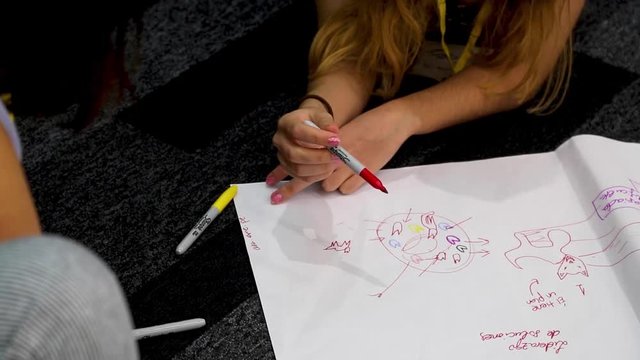 Women working on the ground, drawing, laughing