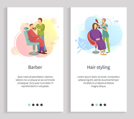 Hair styling vector, barber shop male making new hairstyle for client, lady sitting in chair and relaxing, people with professional treatment work. Website or slider app, landing page flat style