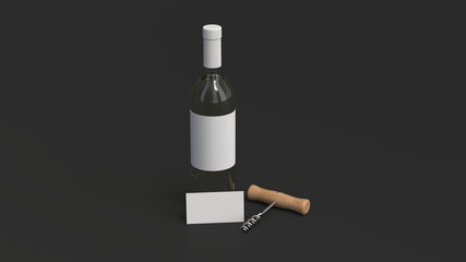 Bottle of white wine with business card and corkscrew