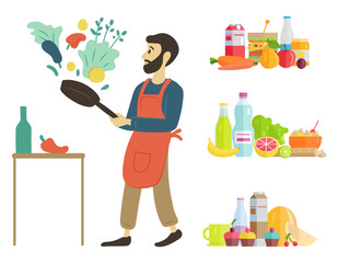 Plakat Man at home cooking dishes vector, hobby of person food and ingredients. Water and watermelon juice and meal parsley and paprika, vegetables fruits. Male preparing dinner from veggies with help of pan