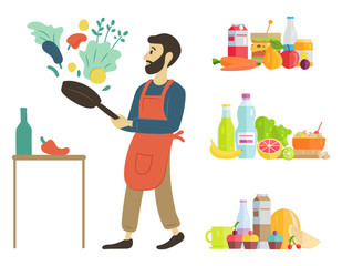 Man at home cooking dishes vector, hobby of person food and ingredients. Water and watermelon juice and meal parsley and paprika, vegetables fruits. Male preparing dinner from veggies with help of pan