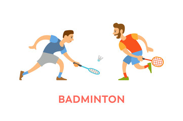 Fototapeta na wymiar Players of badminton vector, men wearing summer clothes holding rackets hitting ball isolated characters in sportive mood. Competitors on tournament