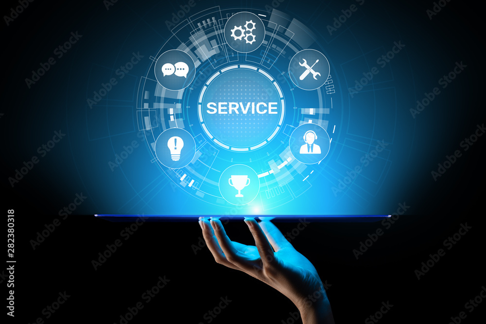 Poster Service support customer help call center Business technology button on virtual screen.