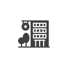 Hospital building and trees vector icon. filled flat sign for mobile concept and web design. Clinic building with medical cross glyph icon. Symbol, logo illustration. Vector graphics