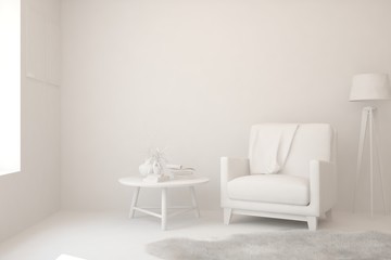 Mock up of stylish room in white color with armchair. Scandinavian interior design. 3D illustration