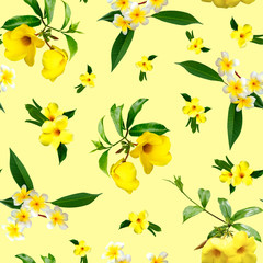 cute floral seamless pattern, yellow tropical flowers  on illuminating yellow background. summer sunny print.