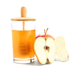 Fresh honey and apples on white background