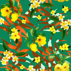 seamless floral pattern, bright summer print, yellow tropical flowers and palm leaves on a green background. © AineGing