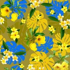Foto op Canvas Seamless tropical floral pattern with blue, yellow leaves and flowers. © AineGing