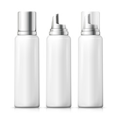 Vector set - 3d realistic foam bottles with silver and plastic caps. Mock-up for product package branding.